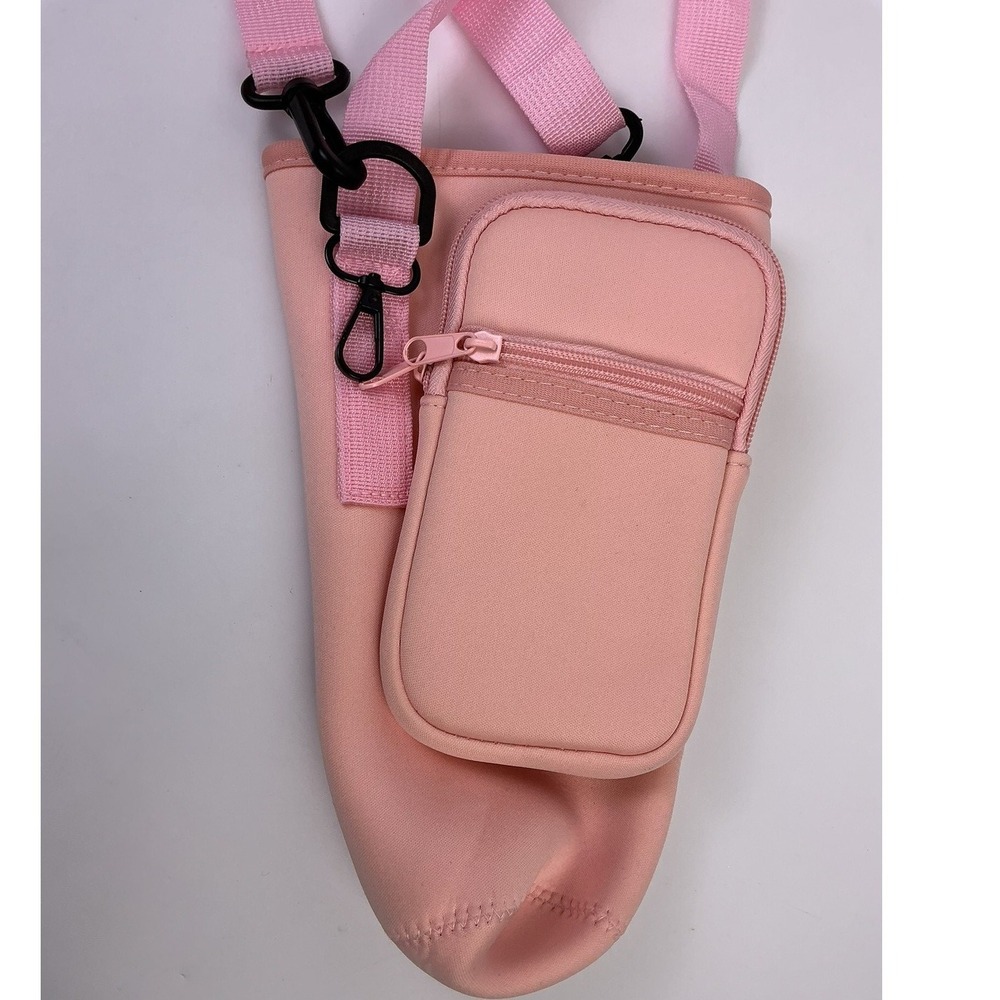 Pink Neoprene Water Bottle Holder Bag with Zippered Pouch and Adjustable Strap